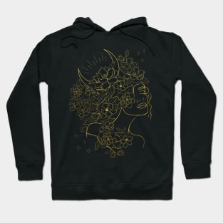 Woman with Flowers and Crescent Moon - Golden Lines Hoodie